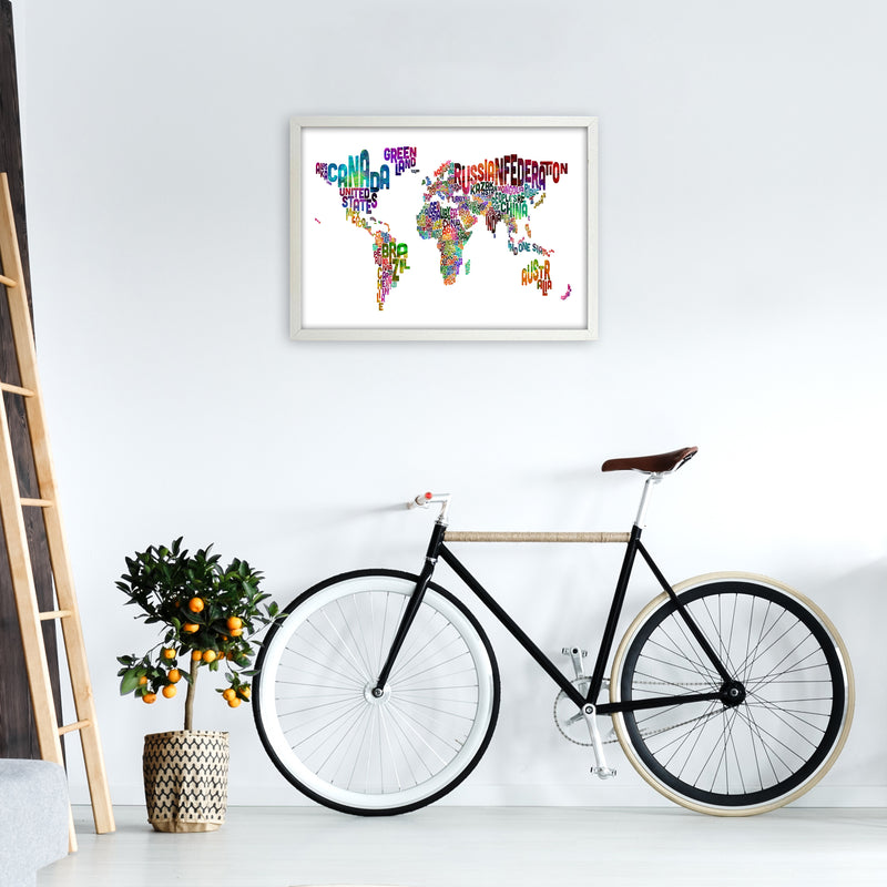 Text Map of the World Colour Art Print by Michael Tompsett A2 Oak Frame