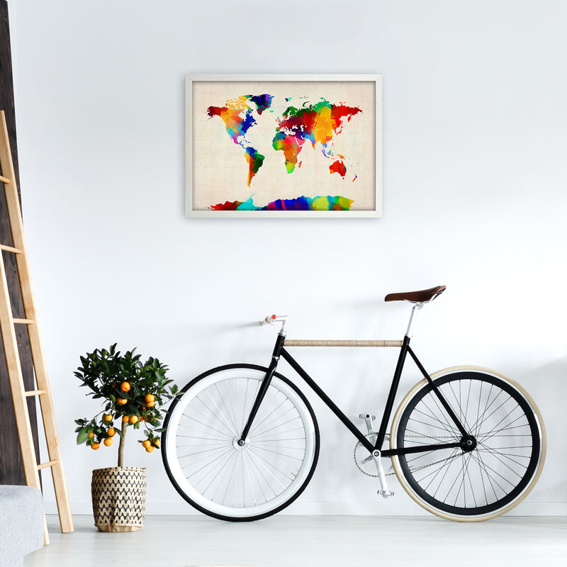 World Map Rolled Paint Art Print by Michael Tompsett A2 Oak Frame