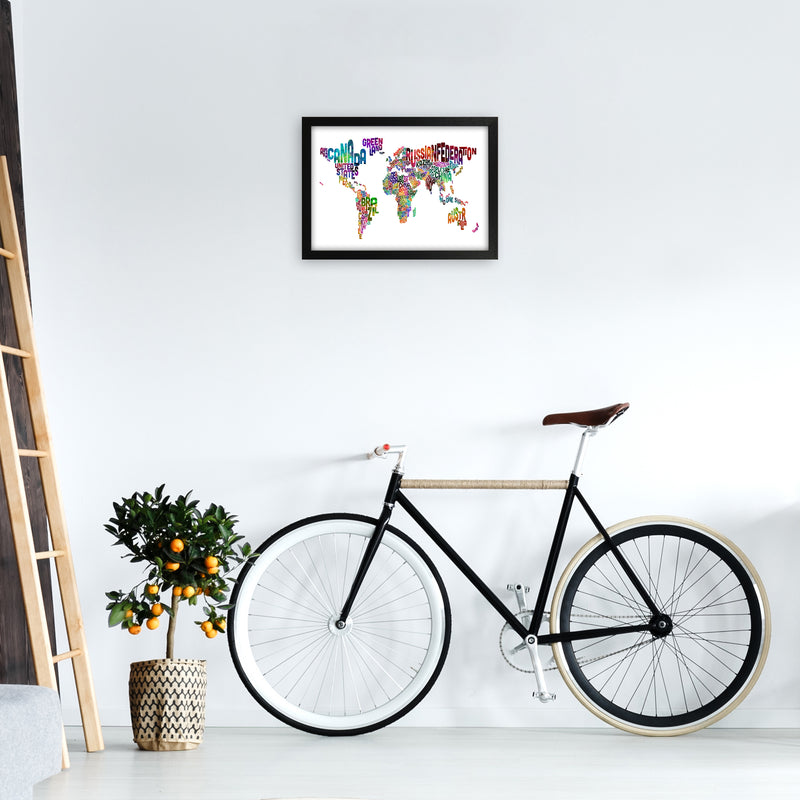 Text Map of the World Colour Art Print by Michael Tompsett A3 White Frame