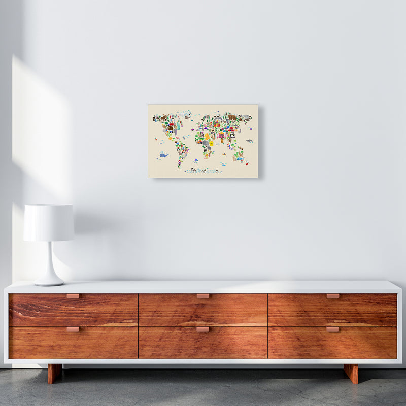 Animal Map of the World Beige Art Print by Michael Tompsett A3 Canvas
