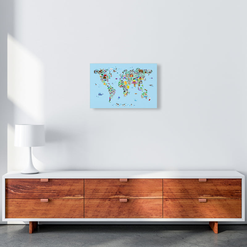 Animal Map of the World Blue Art Print by Michael Tompsett A3 Canvas