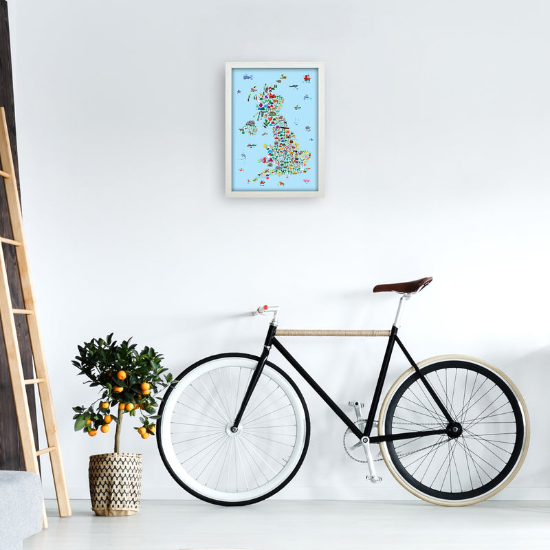 Animal Map of Great Britain Blue Print by Michael Tompsett A3 Oak Frame