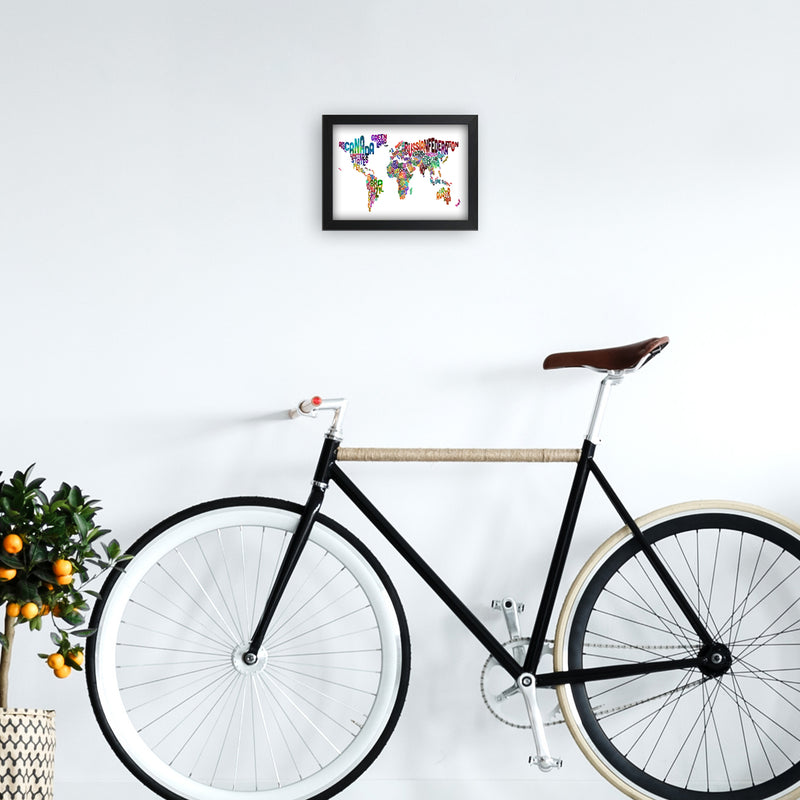 Text Map of the World Colour Art Print by Michael Tompsett A4 White Frame