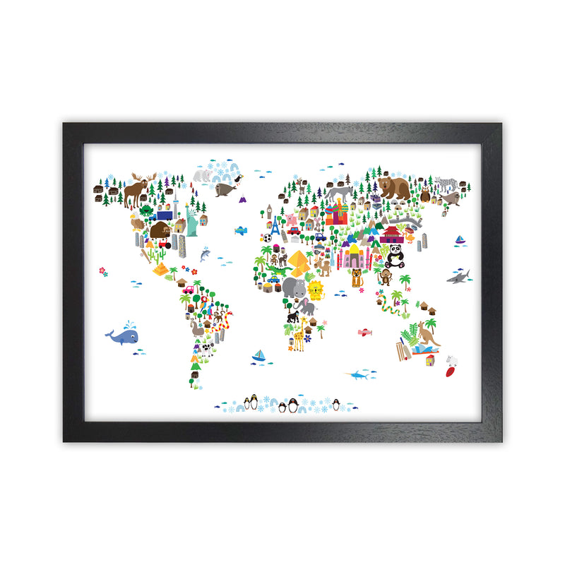 Animal Map of the World Nursery Art Print by Michael Tompsett Black Grain