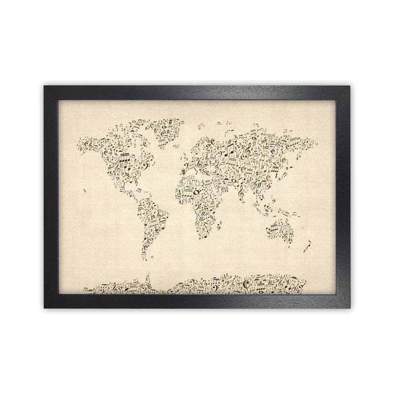 Music Notes Map of the World Art Print by Michael Tompsett Black Grain