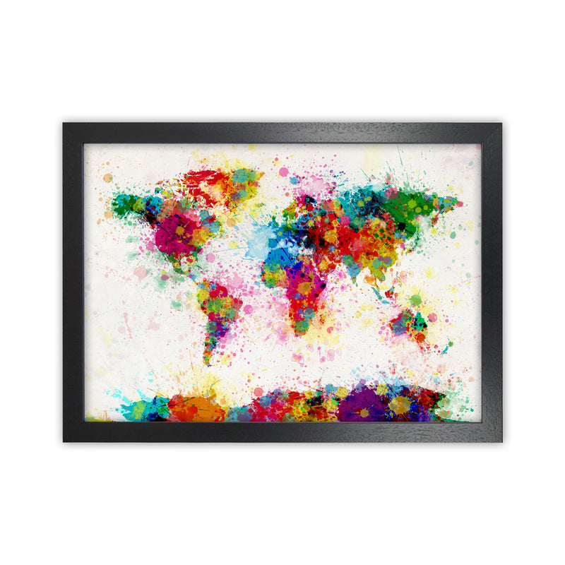 World Map Paint Splashes Art Print by Michael Tompsett Black Grain