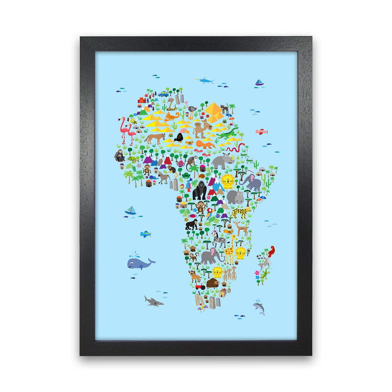 Animal Map of Africa Blue Nursery Print by Michael Tompsett Black Grain