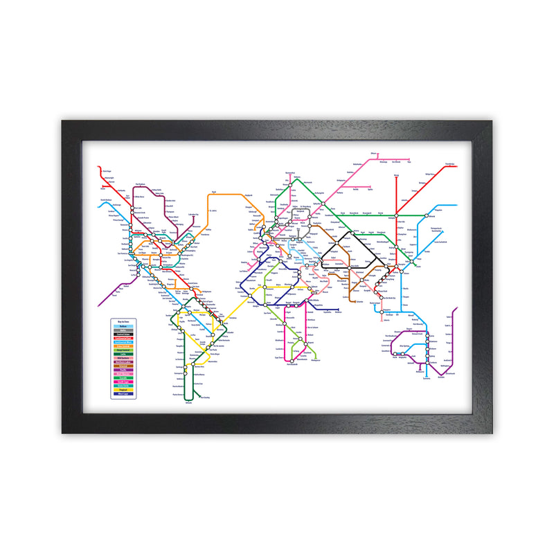 World Metro Map Underground Art Print by Michael Tompsett Black Grain