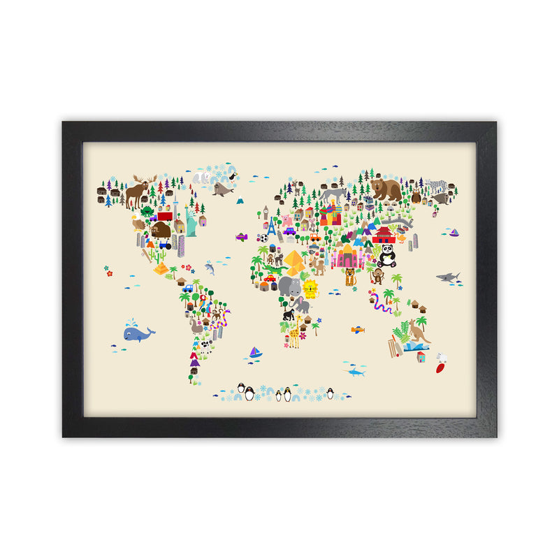 Animal Map of the World Beige Art Print by Michael Tompsett Black Grain