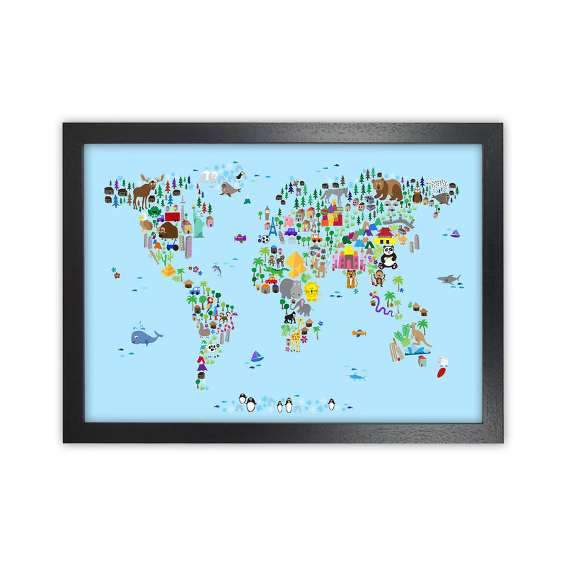 Animal Map of the World Blue Art Print by Michael Tompsett Black Grain