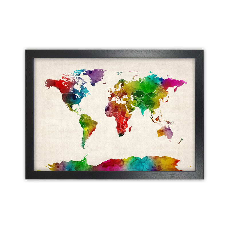 World Map Watercolour with Borders Print by Michael Tompsett Black Grain