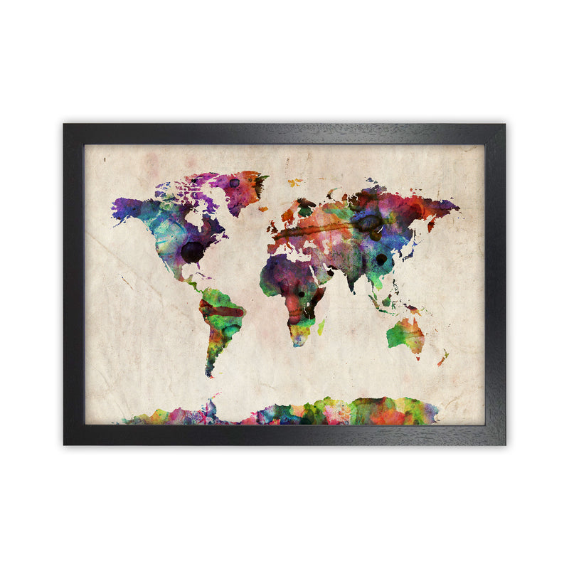 World Map Abstract Watercolour Art Print by Michael Tompsett Black Grain
