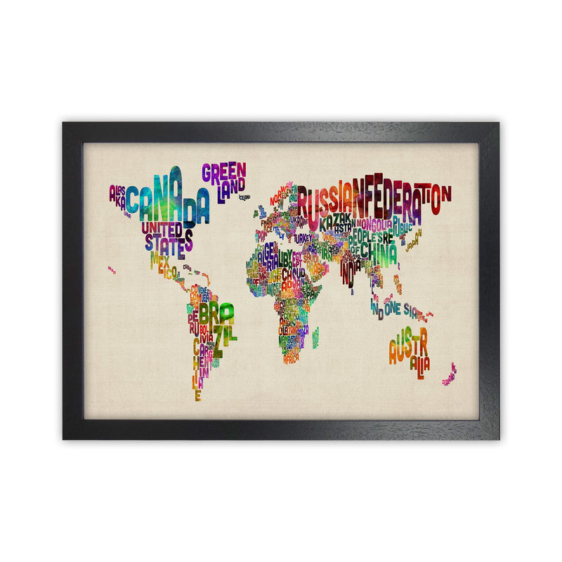 Text Map of the World Art Print by Michael Tompsett Black Grain