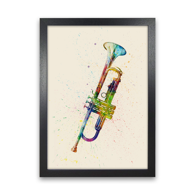 Trumpet Watercolour Multi-Colour Print by Michael Tompsett Black Grain