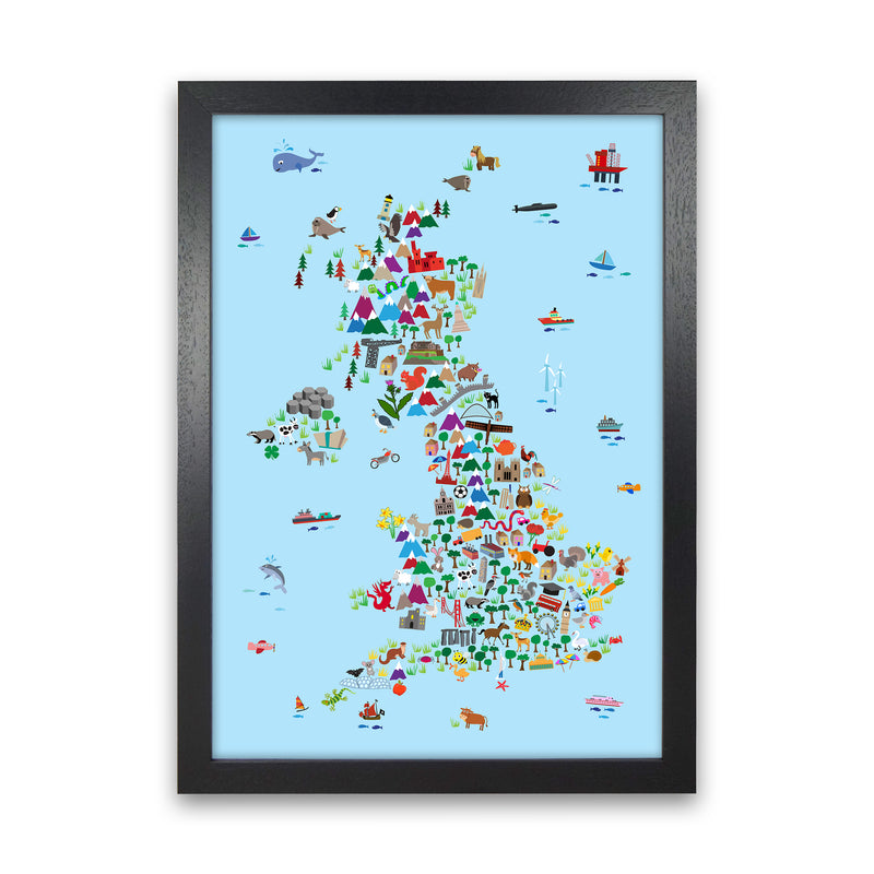 Animal Map of Great Britain Blue Print by Michael Tompsett Black Grain