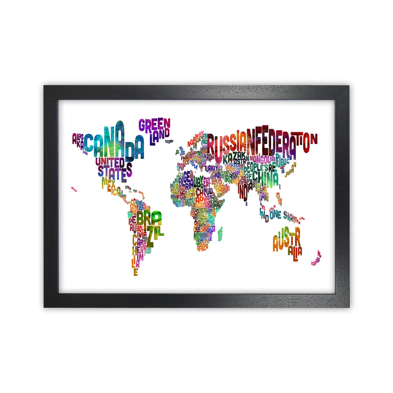 Text Map of the World Colour Art Print by Michael Tompsett Black Grain