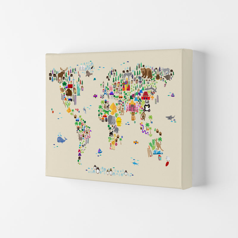 Animal Map of the World Beige Art Print by Michael Tompsett Canvas