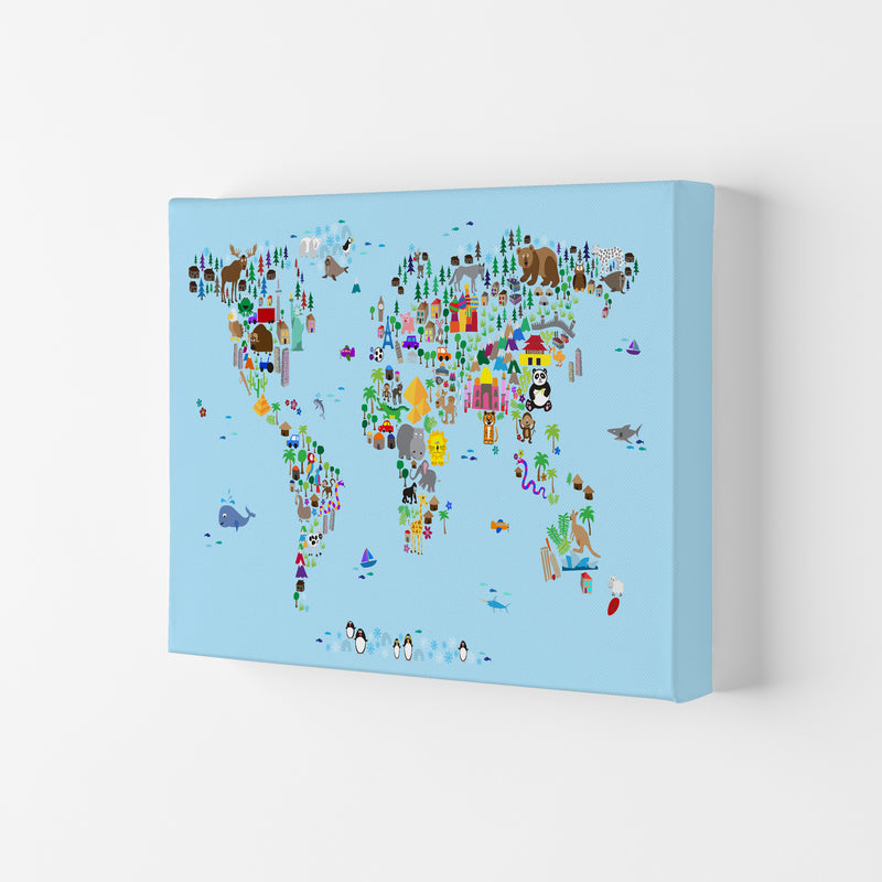 Animal Map of the World Blue Art Print by Michael Tompsett Canvas