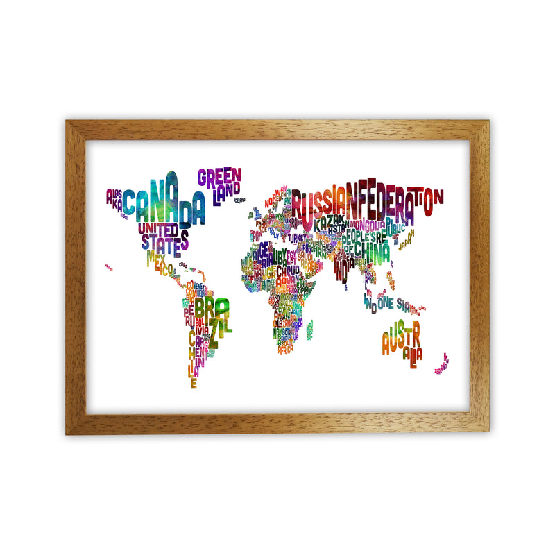 Text Map of the World Colour Art Print by Michael Tompsett Oak Grain
