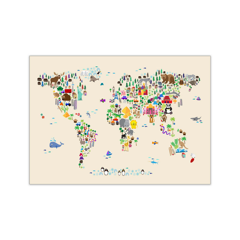 Animal Map of the World Beige Art Print by Michael Tompsett Print Only