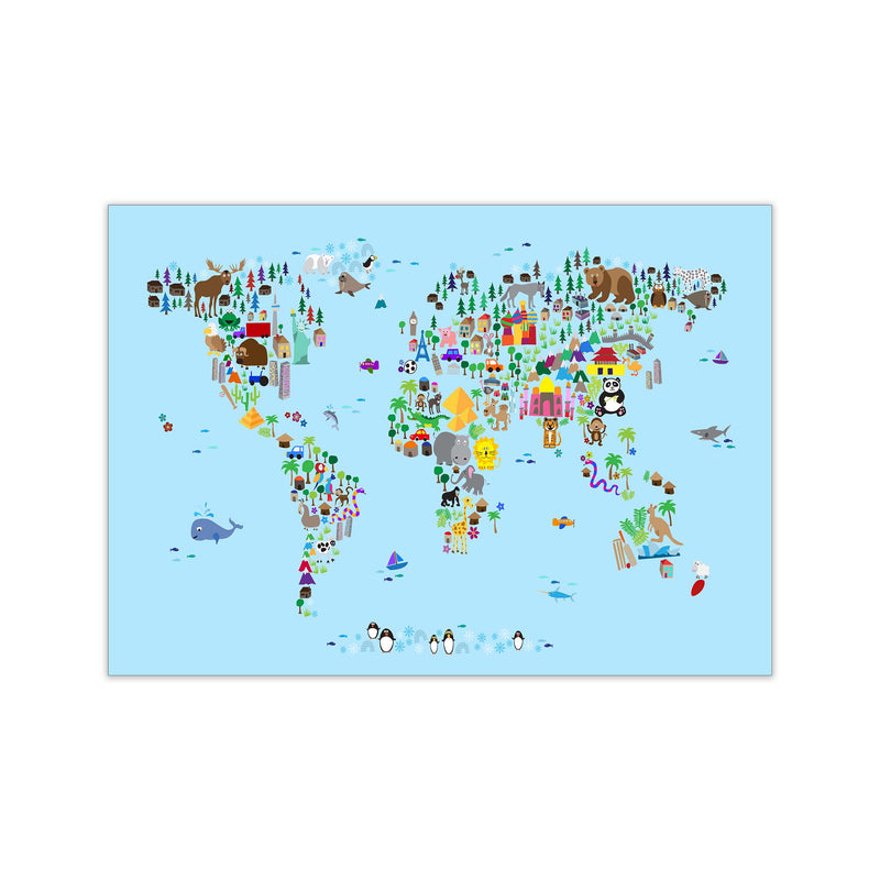Animal Map of the World Blue Art Print by Michael Tompsett Print Only