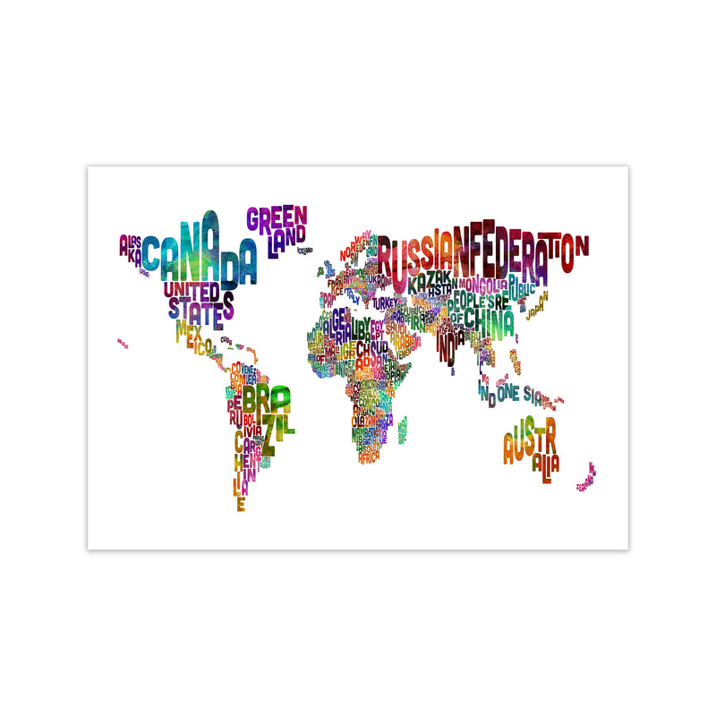 Text Map of the World Colour Art Print by Michael Tompsett Print Only