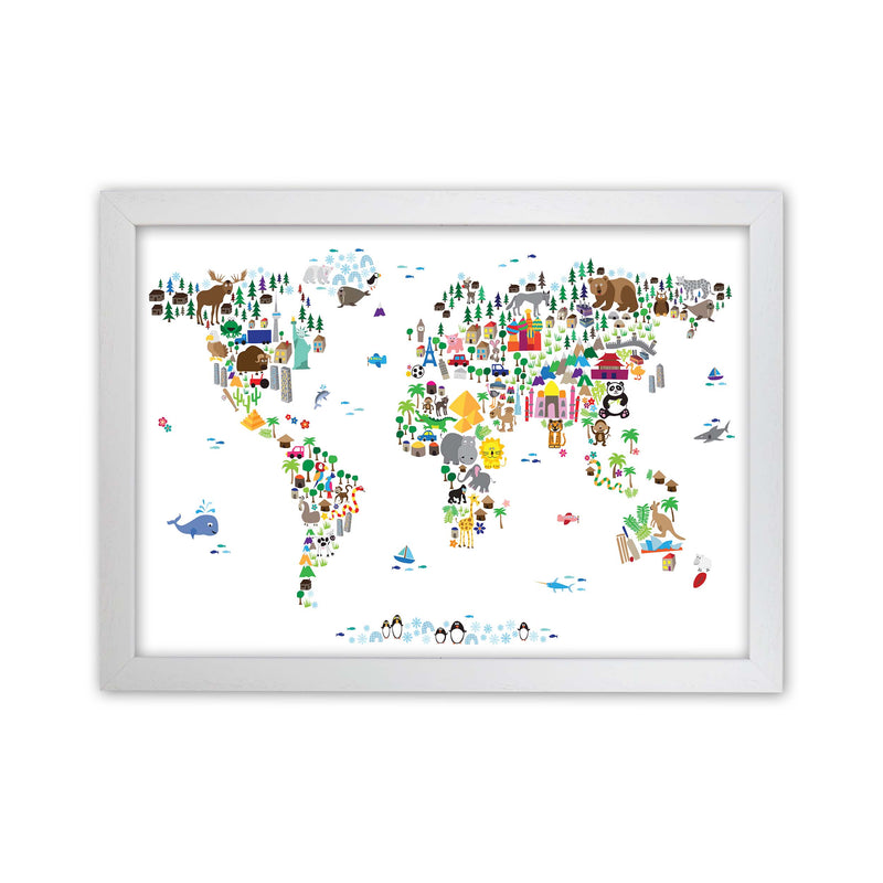 Animal Map of the World Nursery Art Print by Michael Tompsett White Grain