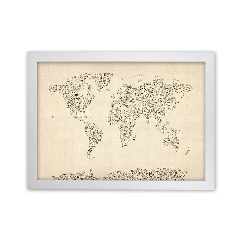 Music Notes Map of the World Art Print by Michael Tompsett White Grain