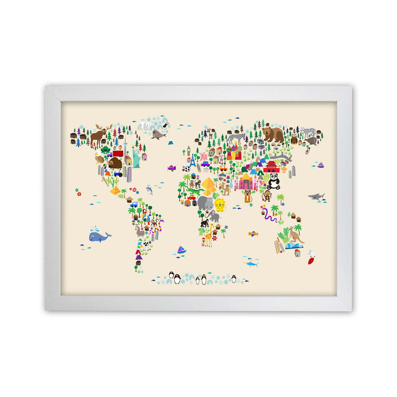 Animal Map of the World Beige Art Print by Michael Tompsett White Grain