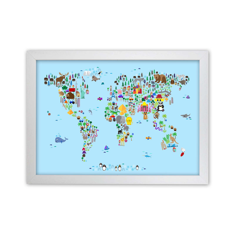 Animal Map of the World Blue Art Print by Michael Tompsett White Grain
