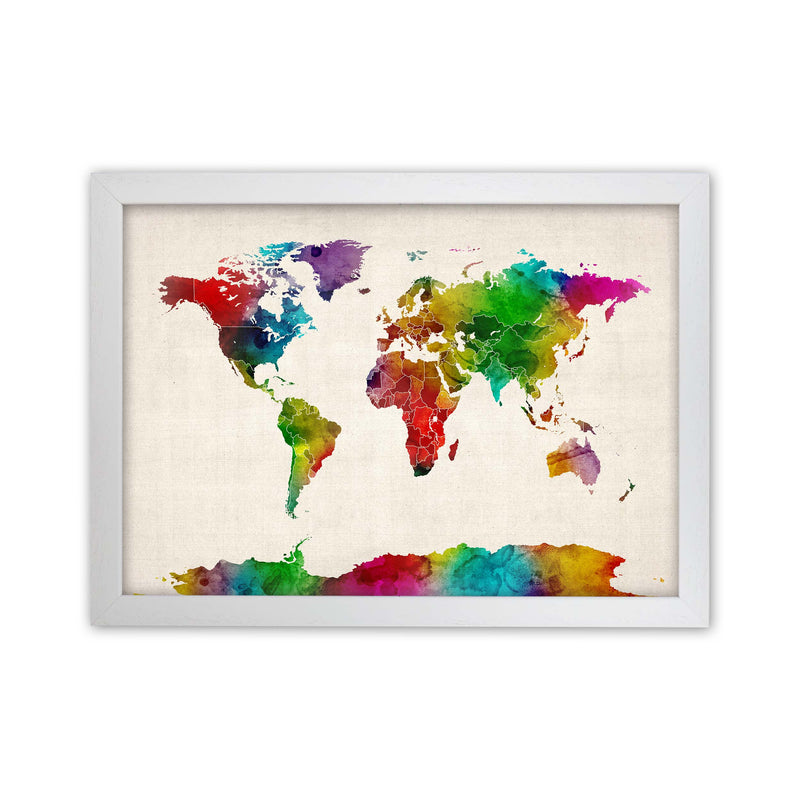 World Map Watercolour with Borders Print by Michael Tompsett White Grain