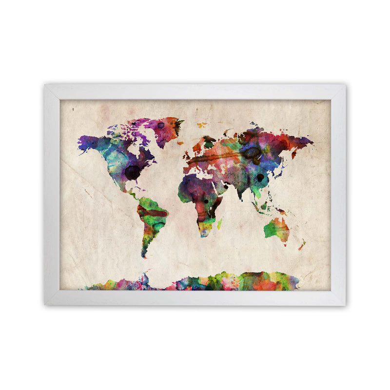 World Map Abstract Watercolour Art Print by Michael Tompsett White Grain