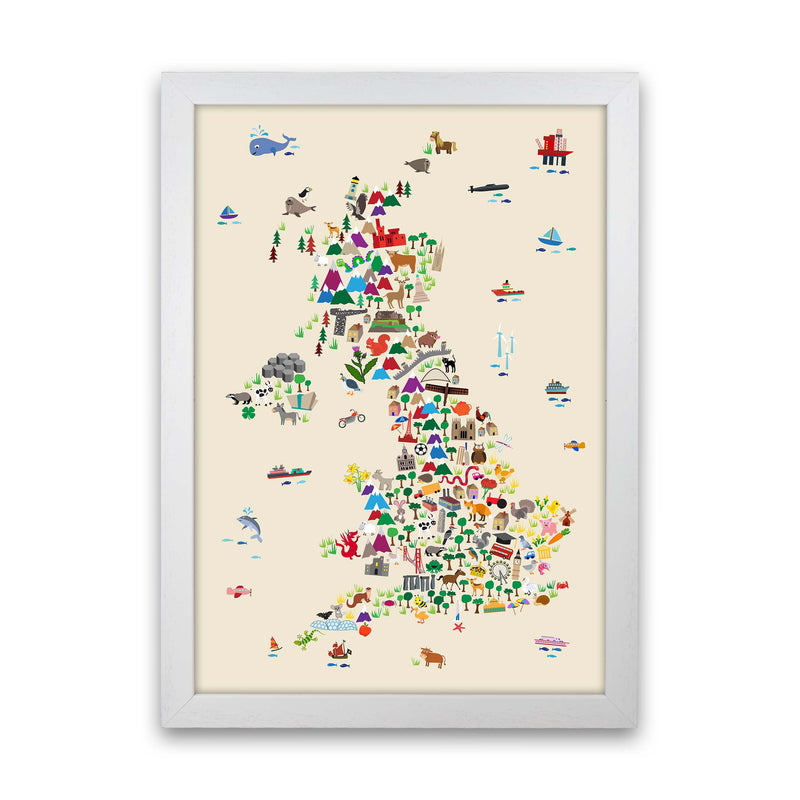 Animal Map of Great Britain Beige Print by Michael Tompsett White Grain