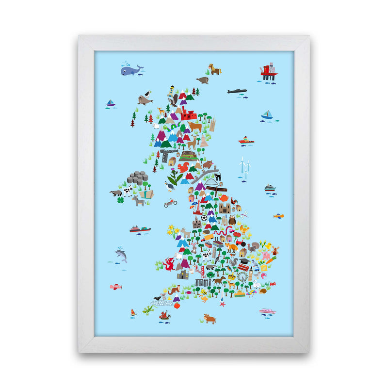 Animal Map of Great Britain Blue Print by Michael Tompsett White Grain
