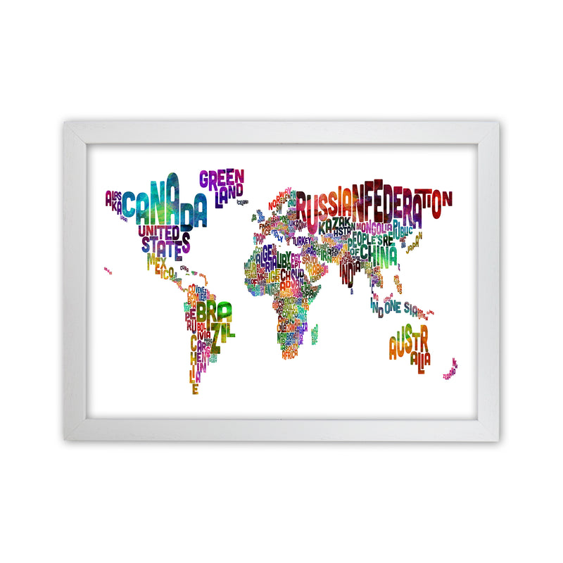 Text Map of the World Colour Art Print by Michael Tompsett White Grain