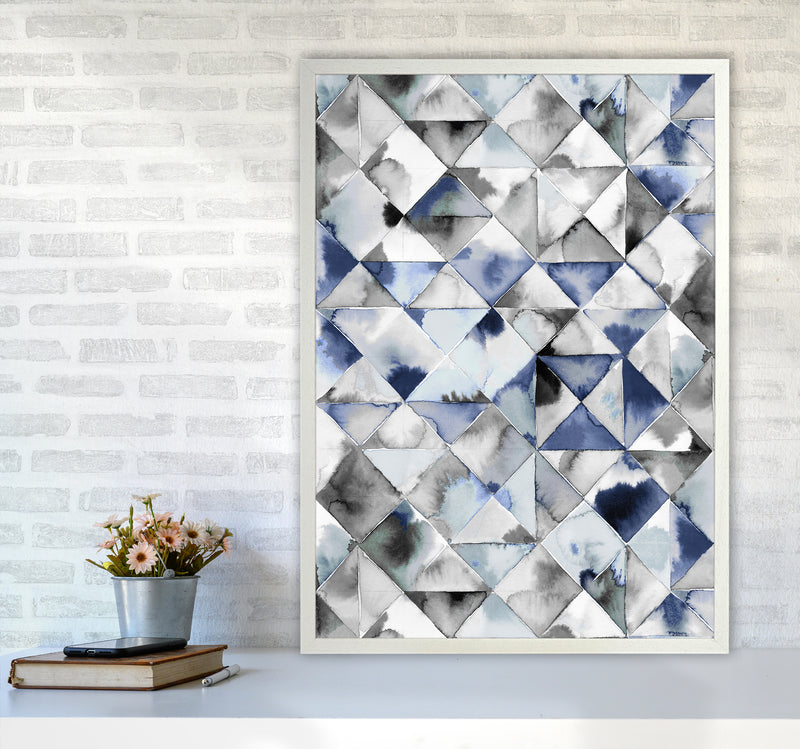 Moody Triangles Cold Blue Abstract Art Print by Ninola Design A1 Oak Frame