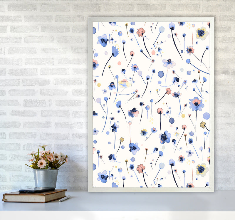 Blue Soft Flowers Abstract Art Print by Ninola Design A1 Oak Frame