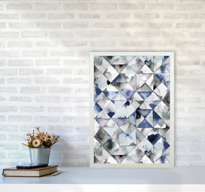 Moody Triangles Cold Blue Abstract Art Print by Ninola Design A2 Oak Frame