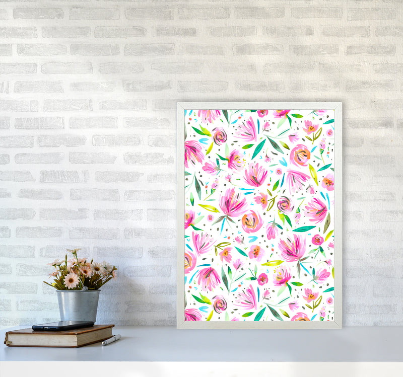 Peonies Pink Abstract Art Print by Ninola Design A2 Oak Frame