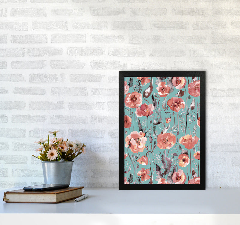Poppies Red Green Abstract Art Print by Ninola Design A3 White Frame