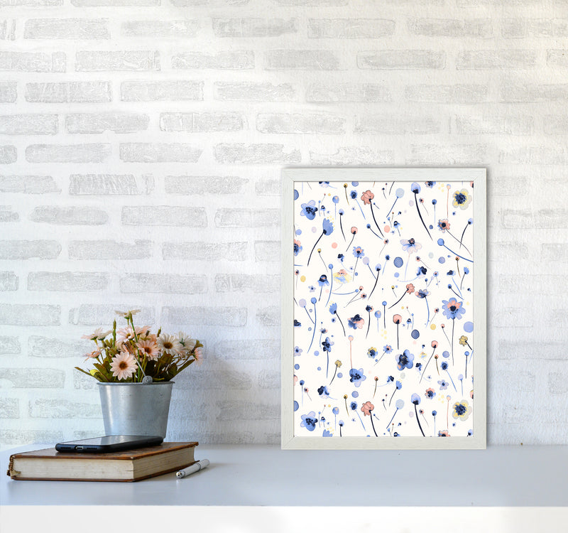 Blue Soft Flowers Abstract Art Print by Ninola Design A3 Oak Frame