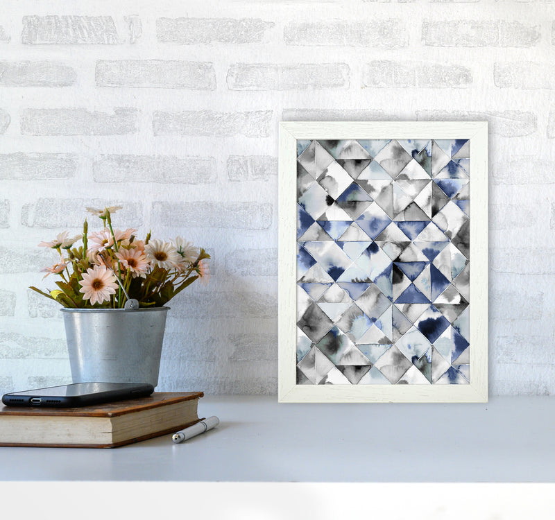 Moody Triangles Cold Blue Abstract Art Print by Ninola Design A4 Oak Frame