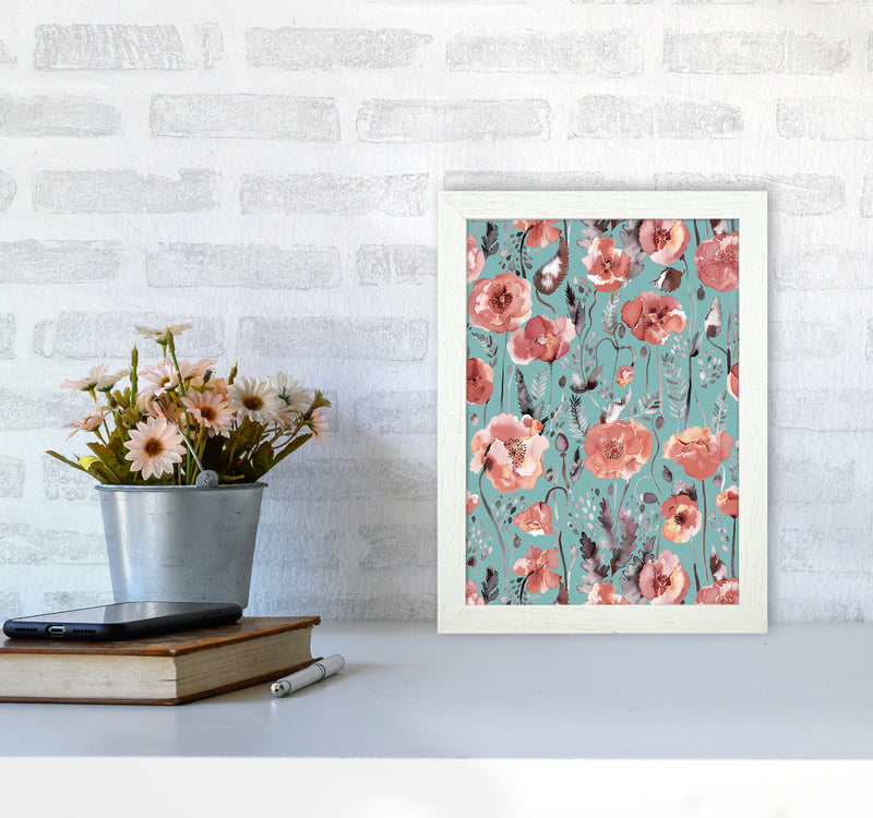 Poppies Red Green Abstract Art Print by Ninola Design A4 Oak Frame