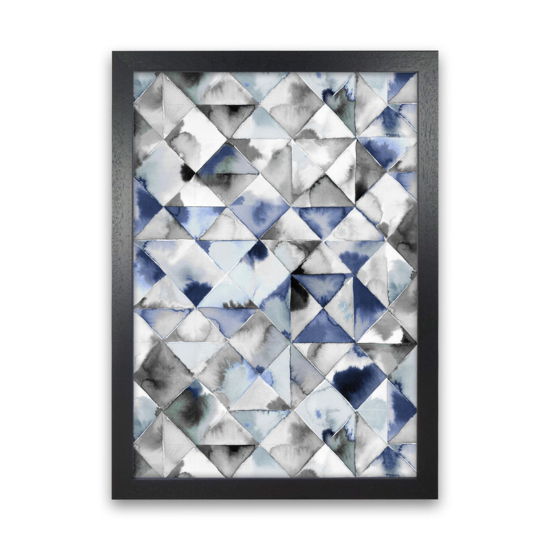 Moody Triangles Cold Blue Abstract Art Print by Ninola Design Black Grain