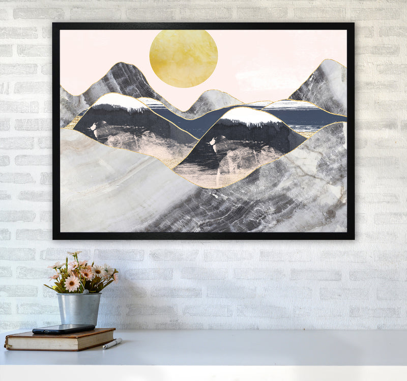 Gold Moon Navy Marble Mountains Landscape  Art Print by Pixy Paper A1 White Frame