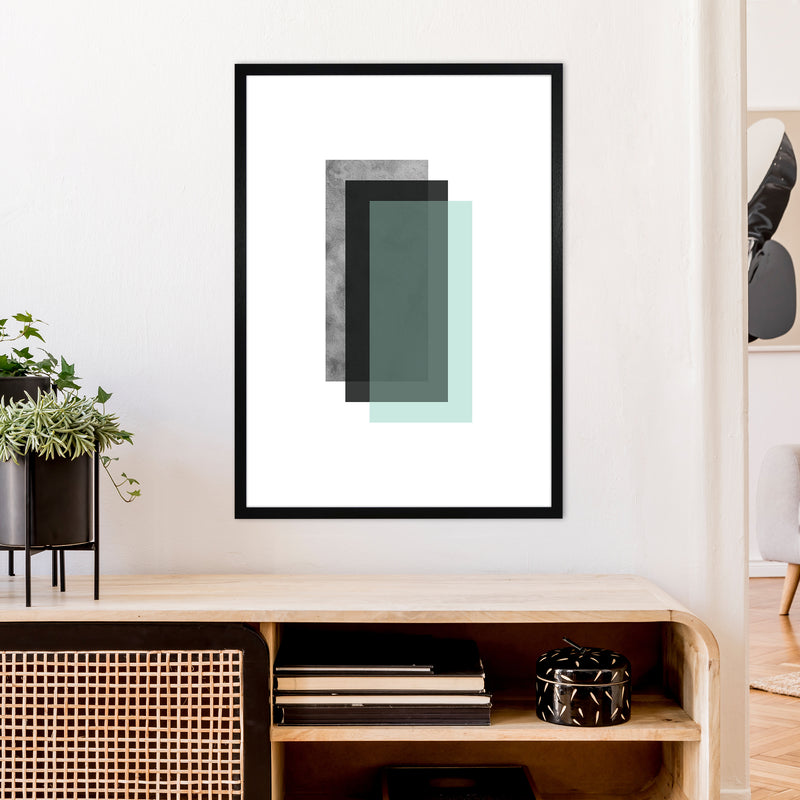 Geometric Mint And Black Rectangles  Art Print by Pixy Paper A1 White Frame