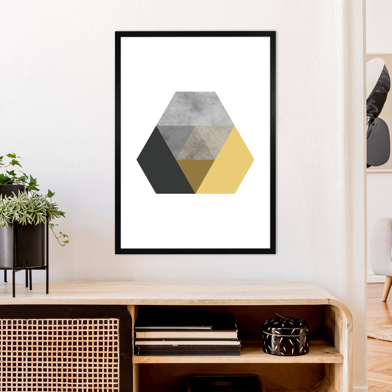 Geometric Mustard And Black Hexagon  Art Print by Pixy Paper A1 White Frame