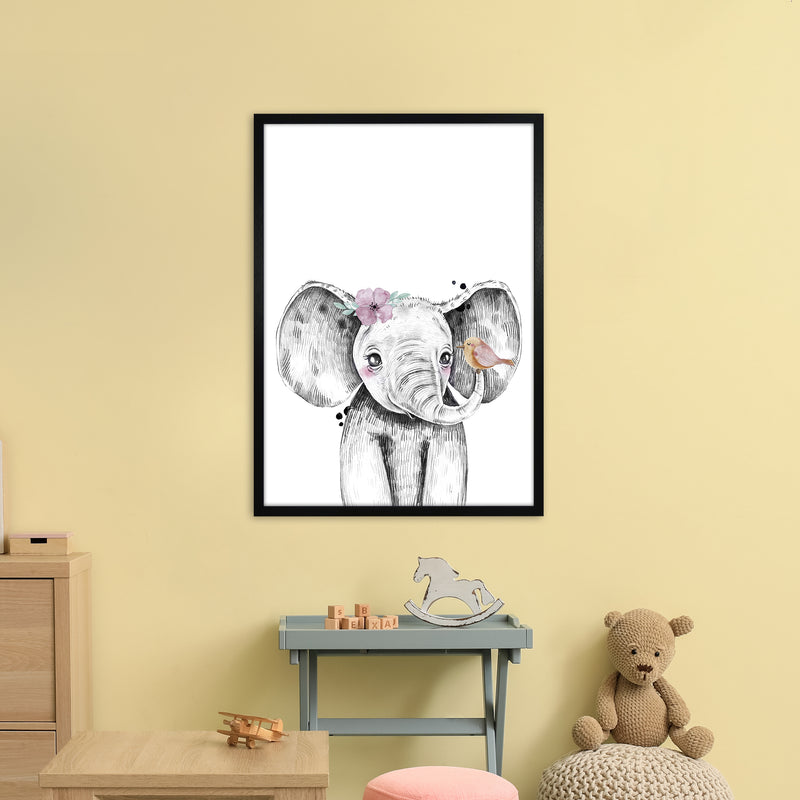 Safari Babies Elephant With Flower  Art Print by Pixy Paper A1 White Frame