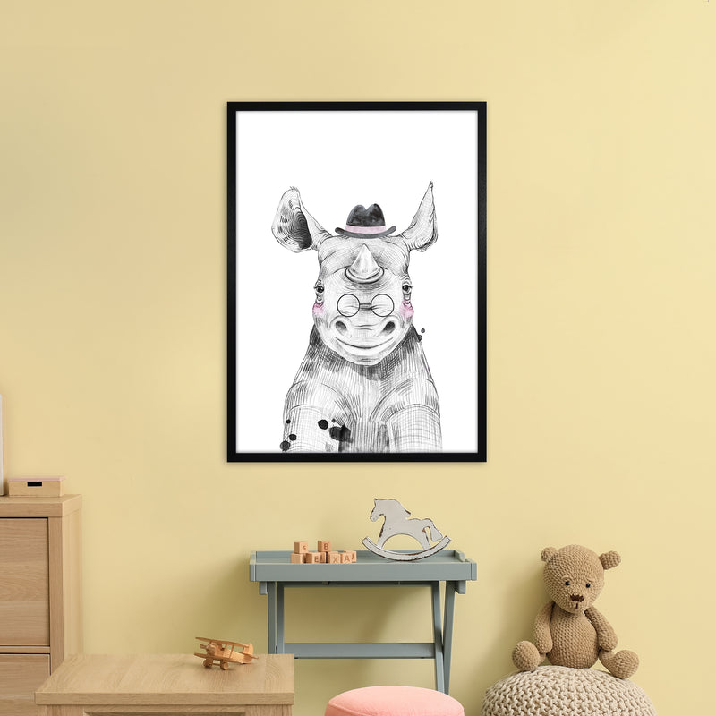 Safari Babies Rhino With Hat  Art Print by Pixy Paper A1 White Frame