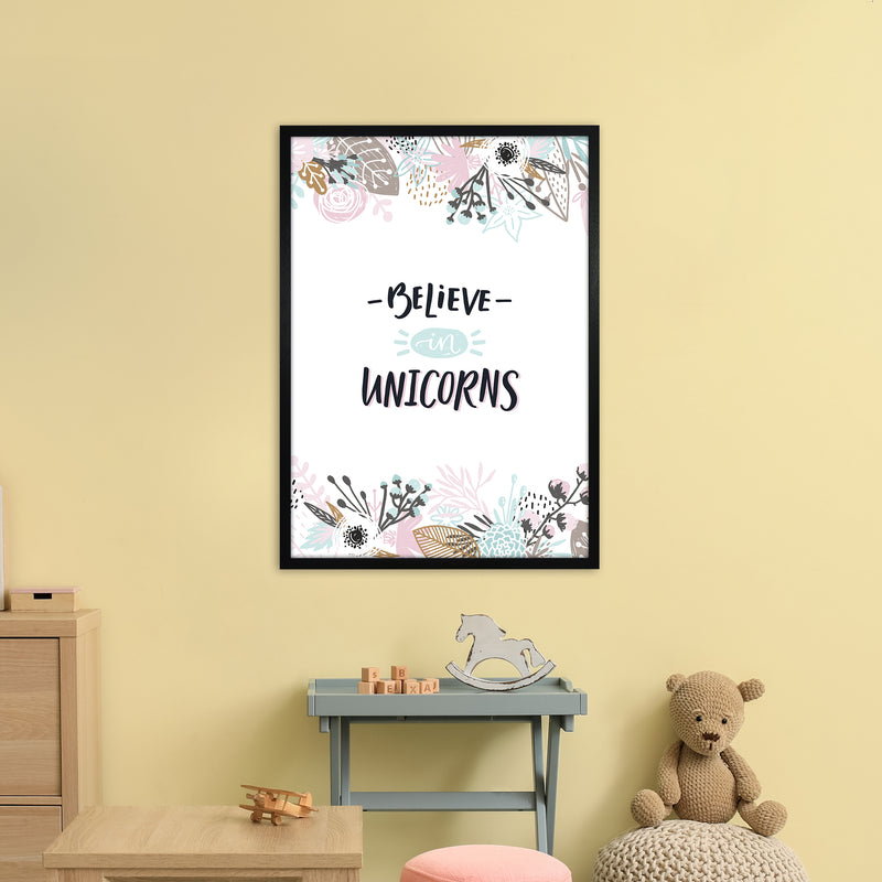 Believe In Unicorns Floral  Art Print by Pixy Paper A1 White Frame